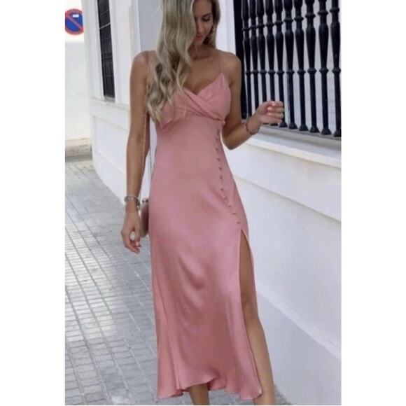 ZARA BLOGGERS FAVE SATIN EFFECT Buttoned Slip Midi Dress Wedding - Picture 1 of 10